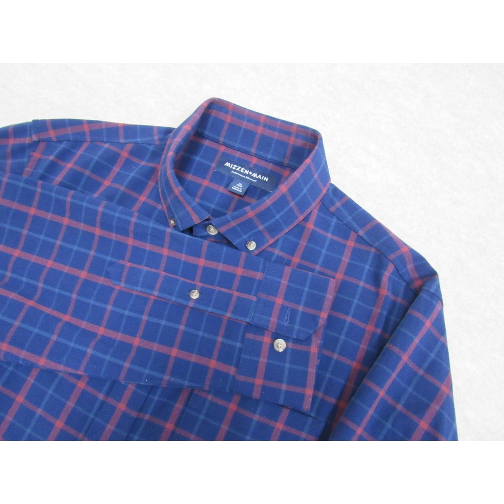 Mizzen + Main Mens XL Trim Performance Plaid Button Down Shirt Navy Red 1WS-0492